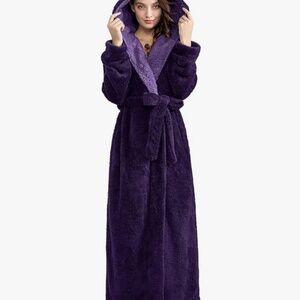 Purple Women's Robe with Hood Long Soft Warm Full Length Bathrobes Luxurious